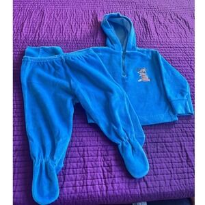 Vintage Velour Footed Pajamas Set Hoodie Pants Puppy Dog Outfit M/17-17 LBS